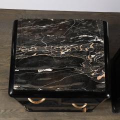 Art Deco Nightstands in Ebonized Walnut with Porto Marble Tops Bronze Pulls - 4347421