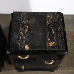 Art Deco Nightstands in Ebonized Walnut with Porto Marble Tops Bronze Pulls - 4347422