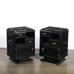 Art Deco Nightstands in Ebonized Walnut with Porto Marble Tops Bronze Pulls - 4347425