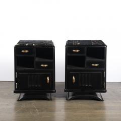 Art Deco Nightstands in Ebonized Walnut with Porto Marble Tops Bronze Pulls - 4347427