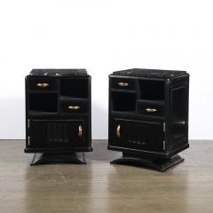 Art Deco Nightstands in Ebonized Walnut with Porto Marble Tops Bronze Pulls - 4347428