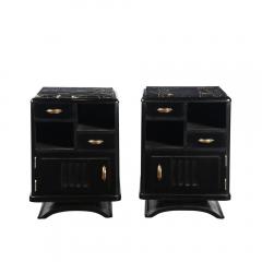 Art Deco Nightstands in Ebonized Walnut with Porto Marble Tops Bronze Pulls - 4347434