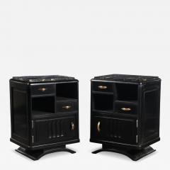 Art Deco Nightstands in Ebonized Walnut with Porto Marble Tops Bronze Pulls - 4351380