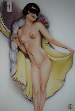 Art Deco Oil Painting of a Nubile Woman in a Carnival Mask - 2803548