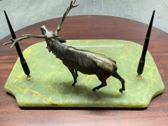 Art Deco Onyx Blotter with Bronze Elk Statue and Fountain Pens - 1882026