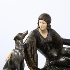 Art Deco Onyx Bone Silver Pewter Lady w Greyhounds Sculpture After Chiparus - 2143765