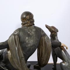 Art Deco Onyx Bone Silver Pewter Lady w Greyhounds Sculpture After Chiparus - 2143779