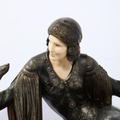 Art Deco Onyx Bone Silver Pewter Lady w Greyhounds Sculpture After Chiparus - 2143810