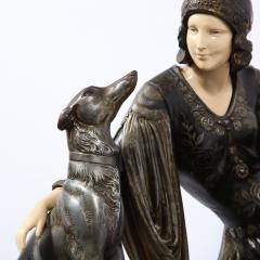 Art Deco Onyx Bone Silver Pewter Lady w Greyhounds Sculpture After Chiparus - 2143815