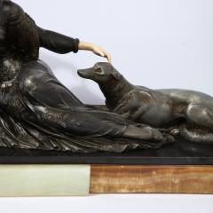 Art Deco Onyx Bone Silver Pewter Lady w Greyhounds Sculpture After Chiparus - 2143831