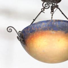 Art Deco P te de Verre Blue Smoked Honey Glass Chandelier w Leaf Form Fitting - 4720203