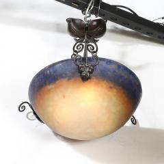 Art Deco P te de Verre Blue Smoked Honey Glass Chandelier w Leaf Form Fitting - 4720204