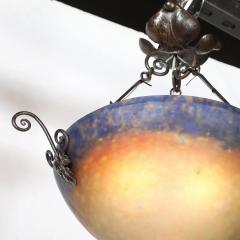 Art Deco P te de Verre Blue Smoked Honey Glass Chandelier w Leaf Form Fitting - 4720205