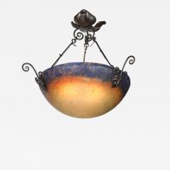 Art Deco P te de Verre Blue Smoked Honey Glass Chandelier w Leaf Form Fitting - 4720584