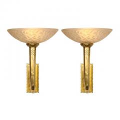Art Deco Pair of Etched Glass and Bronze Cornucopia Sconces 1930s - 3233896