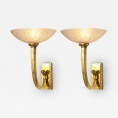 Art Deco Pair of Etched Glass and Bronze Cornucopia Sconces 1930s - 3241557