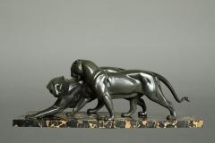 Art Deco Pair of Panthers Signed Plagnet Zinc Cast Marble France circa 1930 - 4139504