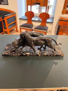 Art Deco Pair of Panthers Signed Plagnet Zinc Cast Marble France circa 1930 - 4139507