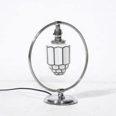 Art Deco Pendant Form Chrome Milk Glass Table Lamp w Black Linear Detailing - 3197841