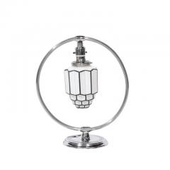 Art Deco Pendant Form Chrome Milk Glass Table Lamp w Black Linear Detailing - 3197849