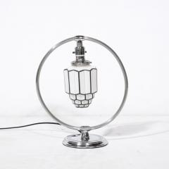 Art Deco Pendant Form Chrome Milk Glass Table Lamp w Black Linear Detailing - 3197850