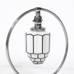 Art Deco Pendant Form Chrome Milk Glass Table Lamp w Black Linear Detailing - 3197851