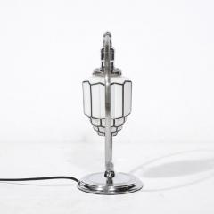 Art Deco Pendant Form Chrome Milk Glass Table Lamp w Black Linear Detailing - 3197929