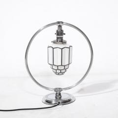 Art Deco Pendant Form Chrome Milk Glass Table Lamp w Black Linear Detailing - 3197935