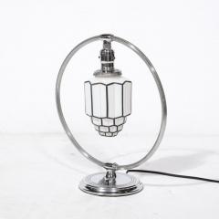 Art Deco Pendant Form Chrome Milk Glass Table Lamp w Black Linear Detailing - 3197944