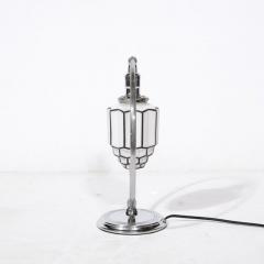 Art Deco Pendant Form Chrome Milk Glass Table Lamp w Black Linear Detailing - 3197946