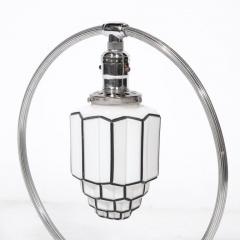 Art Deco Pendant Form Chrome Milk Glass Table Lamp w Black Linear Detailing - 3197953