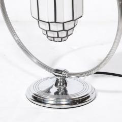 Art Deco Pendant Form Chrome Milk Glass Table Lamp w Black Linear Detailing - 3198028