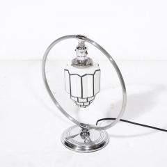 Art Deco Pendant Form Chrome Milk Glass Table Lamp w Black Linear Detailing - 3198033