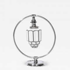Art Deco Pendant Form Chrome Milk Glass Table Lamp w Black Linear Detailing - 3202477