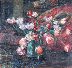 Art Deco Period Still live painting with tulips signed mon  - 1927847