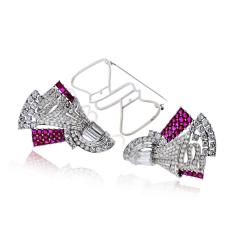 Art Deco Platinum Double Clip Diamond And Ruby Brooch - 4762241