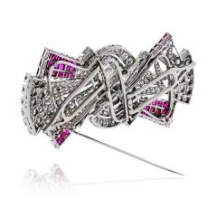 Art Deco Platinum Double Clip Diamond And Ruby Brooch - 4762242