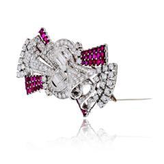 Art Deco Platinum Double Clip Diamond And Ruby Brooch - 4762243