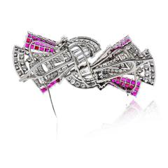 Art Deco Platinum Double Clip Diamond And Ruby Brooch - 4762244