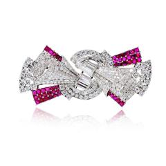 Art Deco Platinum Double Clip Diamond And Ruby Brooch - 4762518
