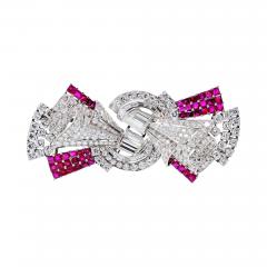 Art Deco Platinum Double Clip Diamond And Ruby Brooch - 4762536