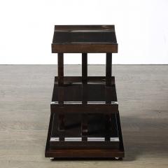 Art Deco Rectilinear Swooping Three Tier Walnut Offset Side Table w Plinth Base - 4719996
