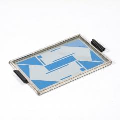 Art Deco Reverse Eglomise Blue White Geometric Motif in Nickel Bakelite Tray - 4653725