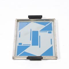 Art Deco Reverse Eglomise Blue White Geometric Motif in Nickel Bakelite Tray - 4653726