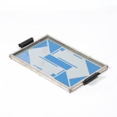 Art Deco Reverse Eglomise Blue White Geometric Motif in Nickel Bakelite Tray - 4653727