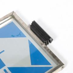 Art Deco Reverse Eglomise Blue White Geometric Motif in Nickel Bakelite Tray - 4653728