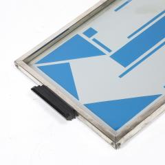 Art Deco Reverse Eglomise Blue White Geometric Motif in Nickel Bakelite Tray - 4653752