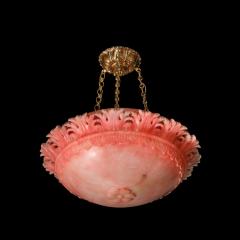 Art Deco Rose Alabaster Stylized Acanthus Pendant Chandelier w Brass Fittings - 3645194
