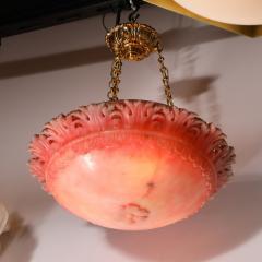 Art Deco Rose Alabaster Stylized Acanthus Pendant Chandelier w Brass Fittings - 3645213