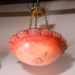 Art Deco Rose Alabaster Stylized Acanthus Pendant Chandelier w Brass Fittings - 3645297